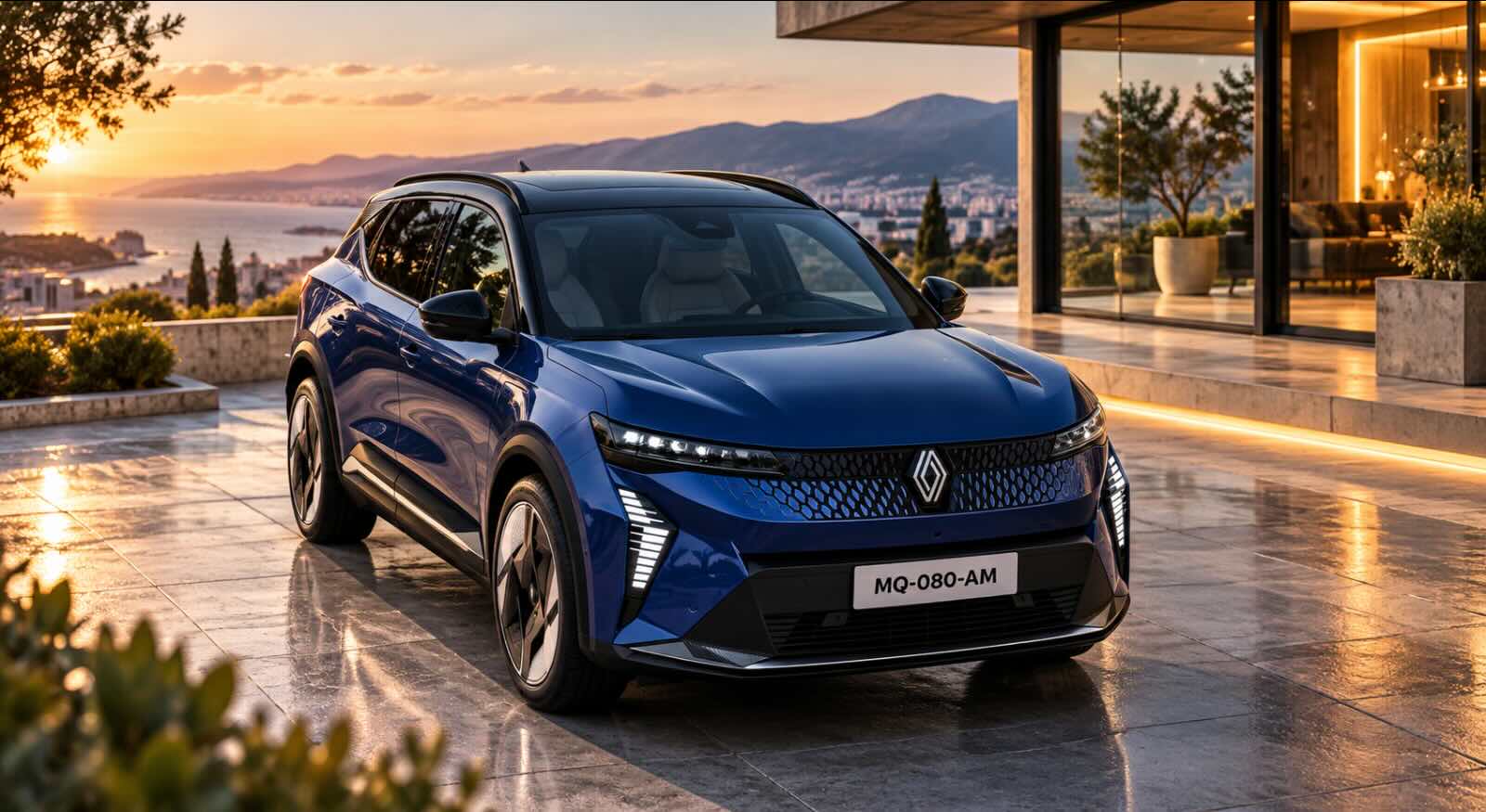 Renault SUV bleu au coucher du soleil